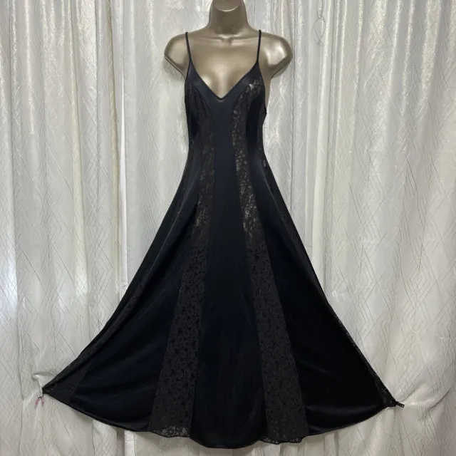 VTG S M Tall Olga Black Nightgown Lace Nylon Gown Negligee Sweep Shiny ...