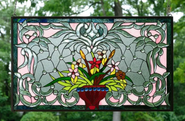 Handcrafted Jeweled Beveled stained glass window panel Flower 34.5"L x 20.5" WL