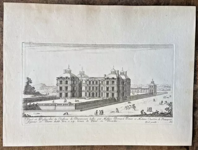 Gravure XIX è Vue et Perspective du château de Blerancourt par Israel Excudit