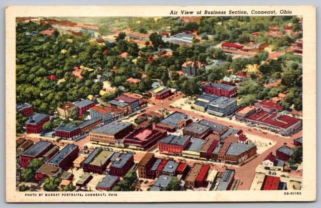 Aerial View Business Section Conneaut Ohio Linen CT Art Colortone VTG Postcard