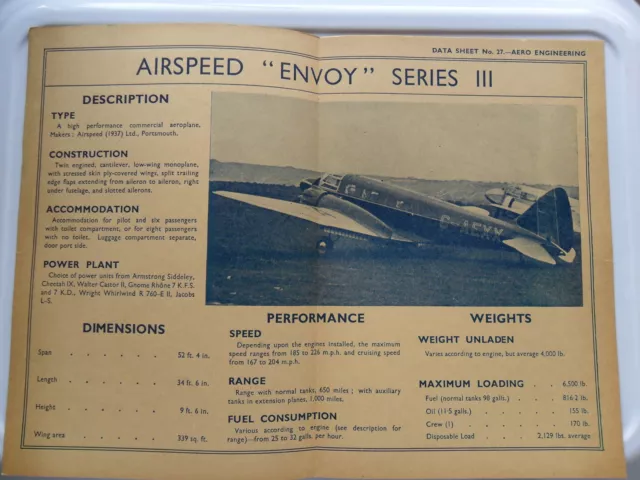 Airspeed Envoy Series Iii As.6 Aircraft Old Data Chart 1937 Armstrong Siddeley