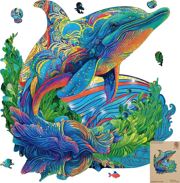 Unique Wooden Jigsaw Puzzles - 500 Pcs Size 17.4'' X King Current Dolphin