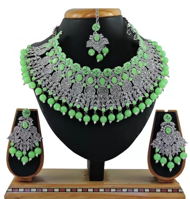 Peridot Indian Bollywood Pearl Silver Plated Fashion Bridal Diamond Necklace Set