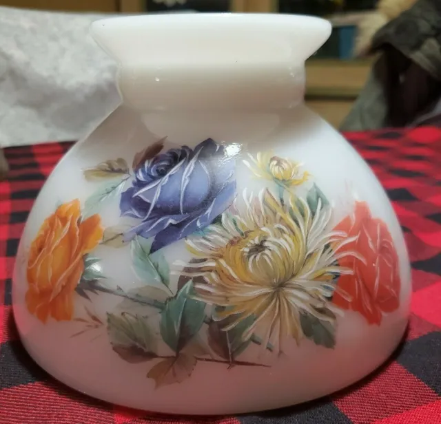 Vintage Hurricane Lamp Milk Glass Shade Hand Painted Rose Flowers 8"