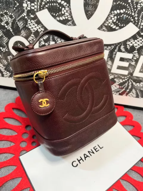 CHANEL CC LOGO Vanity Hand Bag Caviar Bordeaux Leather Gold France Vintage  399 £519.16 - PicClick UK