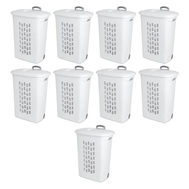 Sterilite White Laundry Hamper With Lift-Top, Wheels, And Pull Handle, 9 Pack