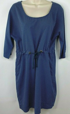Zara Basics Womens Dress Small Drawstring Polka Dot Navy Blue White Tie Button