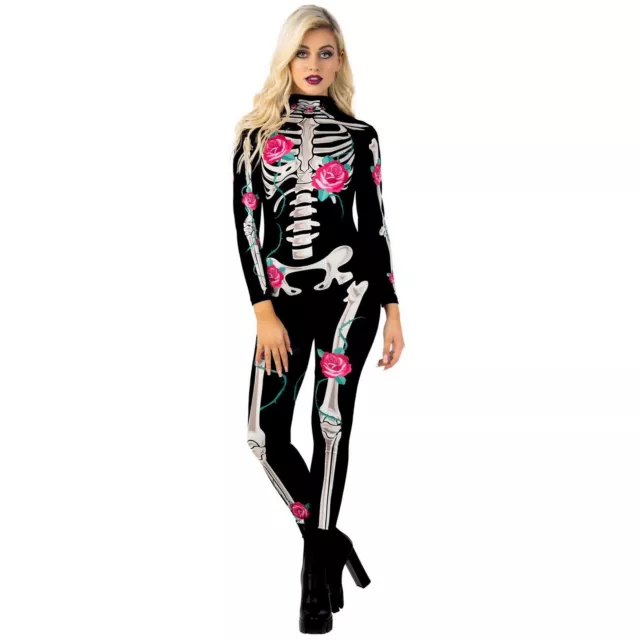 Womens Sexy Rose Skeleton Jumpsuit Ladies Halloween Bodysuit Costume S - XL