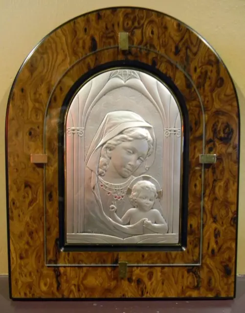 Madonna & Child Burl Wood Plaque w/ Sterling Silver Repousse & Glass by Salerni