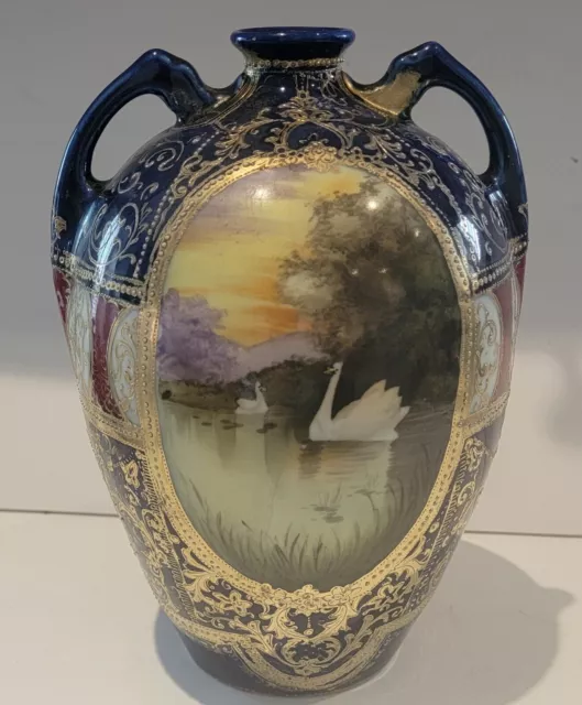 Antique Nippon Hand Painted Cobalt Blue Porcelain Vase Swans