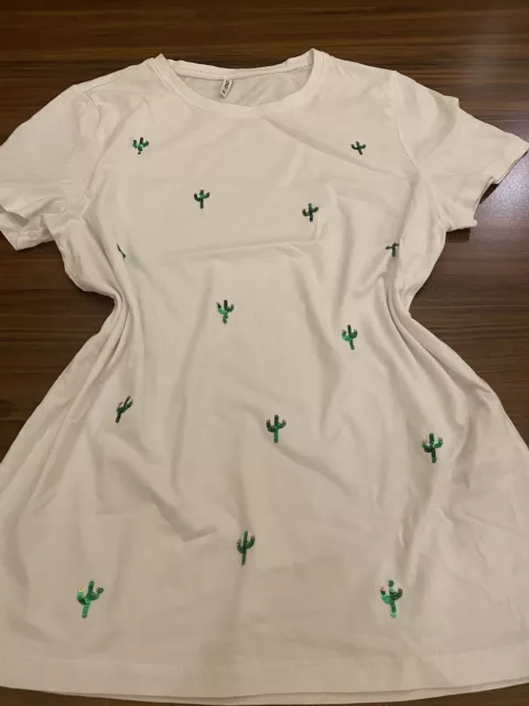 ONLY T Shirt Top Weiß Glitzer grün Motiv Kakteen M 38