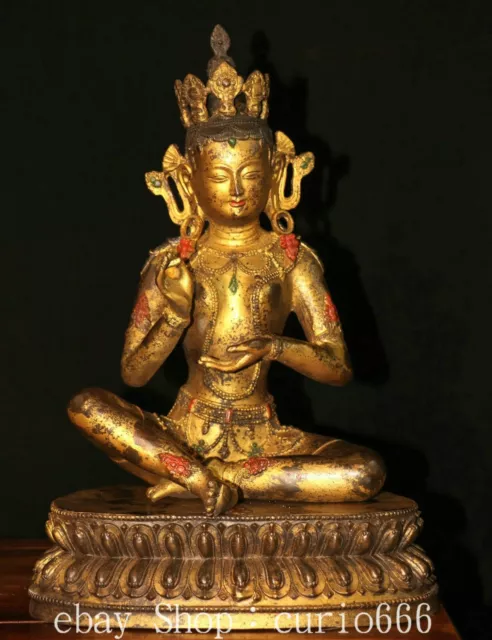 15.3'' Old Tibet Bronze Gilt Green Tara Mahayana Enlightenment Goddess Statue