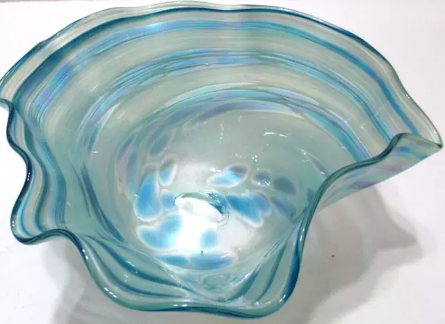 Glass Eye Studio Hand Blown Bowl Dish Iridescent Blue Green Wave 3" Tall