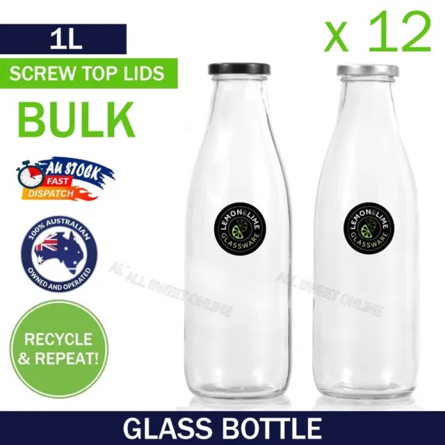12x 1000ML Clear Glass Sauce Bottles 1L Milk Jar Conserve Bottle Water Jars  Lid