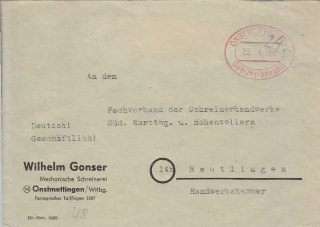 F.Zone - ONSTMETTINGEN  - Gebühr bezahlt - Brief - 1947
