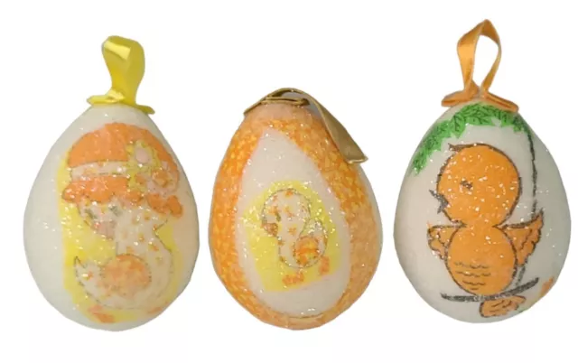 Vintage Lot of 3 Sugared Glitter Styrofoam CHICK Easter Egg Decorative Ornament
