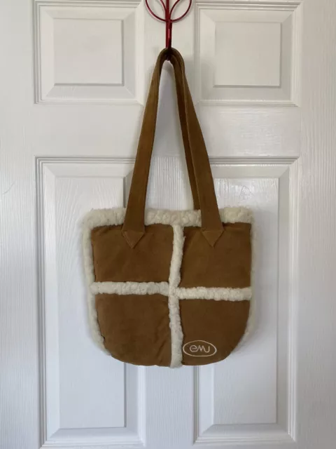 Genuine Suede Shearling Artisan Crafted Boho Hippie Tan Brown Bag Tote Women 70s