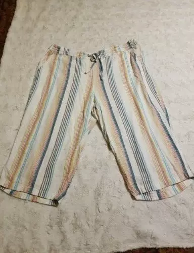 Per Se Cropped Pants Womens Size 3X Plus Striped Linen Blend Drawstring Elastic