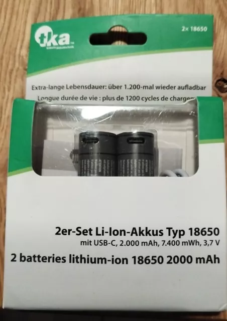 tka Akku 18650:2er-Set Li-Ion-Akkus Typ 18650 mit USB-C, 2.000 mAh, 7.400 mWh,