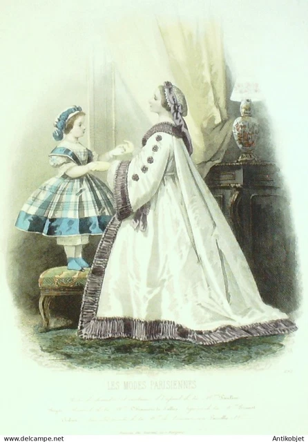 Gravure Modes parisiennes 1860 n°892 Robe de chambre et costume d'enfant