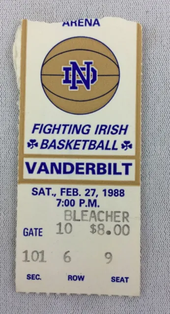 1988 02/27 Vanderbilt at Notre Dame Basketball Ticket Stub - Seat 9