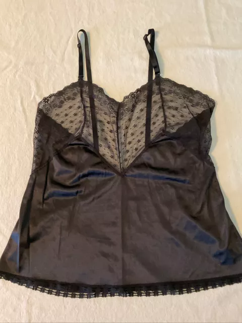 Vintage ASHLEY TAYLOR  Black Antron III Nylon & Lace Cami Slip Top  Size L  USA