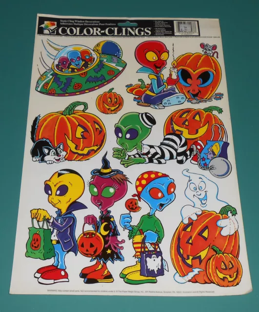 Vintage Halloween Window Color Clings Aliens Pumpkins Haunted House Ghosts Jack