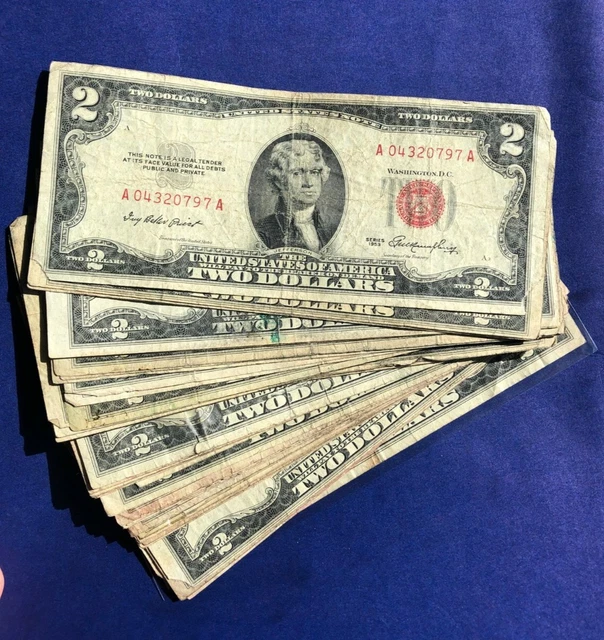 TWO NOTES- $2 Red Seal Bank Note - Fair Condition - Old Paper Currency 