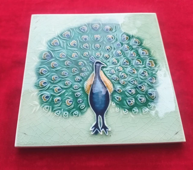 1 Piece Peacock Art Deco Embossed Design Majolica Ceramic Tiles Japan 0316 2
