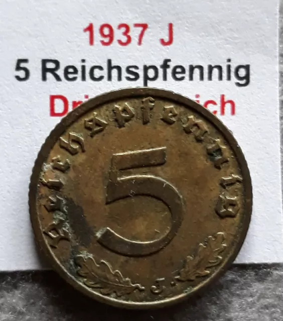 1937 J   5 Reichspfennig Drittes  Reich    Jaeger: 363   vzgl.