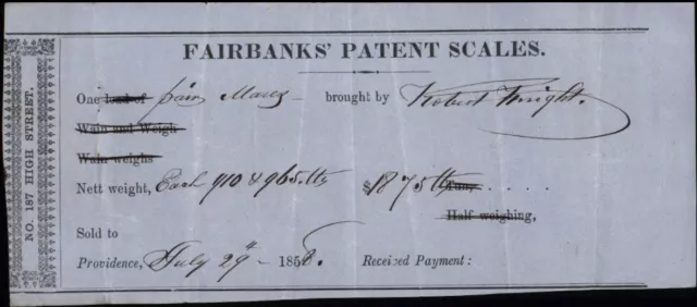 1858 Providence Receipt Fairbanks' Patent Scales