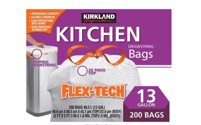 Kirkland Signature Flex-Tech 13-Gallon Kitchen Home Trash Bags 200-count USA