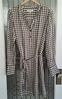 Nwots Ann Taylor Loft Black And Tan Plaid On Cream Long Sleeve Shirt Dress Mt