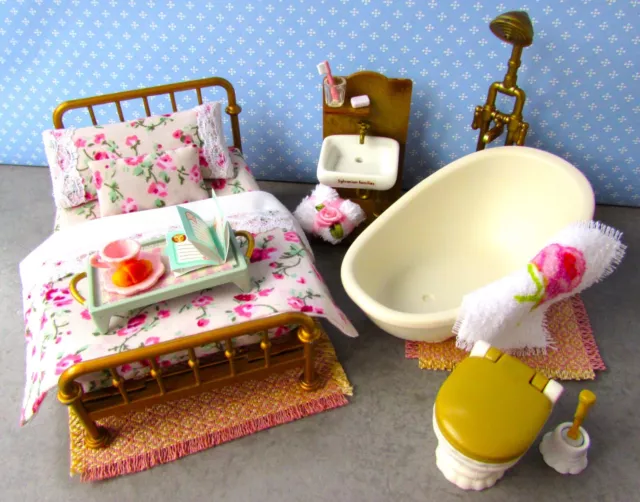 Sylvanian Dolls House Furniture Vintage Brass Bed + Bathroom New Bedding Rugs