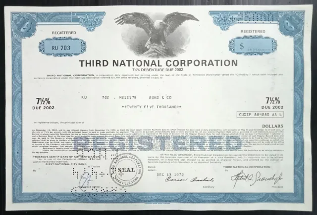 AOP USA 1972 Third National Corporation 25000 shares certificate