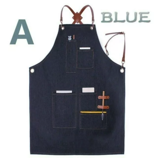 Denim Bib Apron Leather Adjustable Strap Barista Bartender Chef Barber Uniform