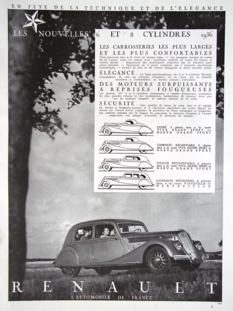 PUBLICITÉ DE PRESSE 1935 RENAULT LA NOUVELLES 6 et 8 CYLINDRES COUPÉ VIVA SPORT