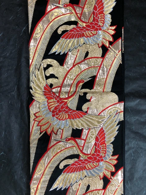 FUKURO Obi Silk Japanese Kimono Vintage Woven Woman Belt Crane Black Gold 3