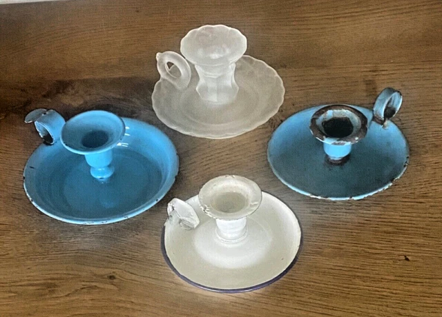 4 ANCIENS BOUGEOIRS Rats de cave tôle émaillé verre moulé état d'usage