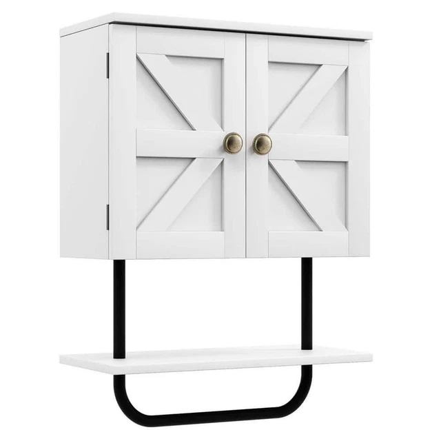 Gabinete de pared de baño Gymax 17"W x 8"D x 21"H en blanco con estante abierto + barra de toallas