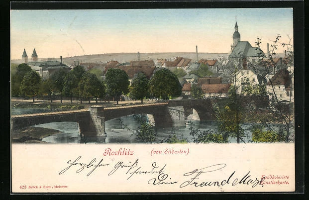 AK Rochlitz, Stadtansicht mit der Brücke im Vordergrund von Süden aus 1900