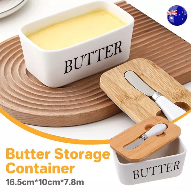 Ceramic Butter Dish Box Storage Tray Container w/ Bamboo Lid & Butter Cutter