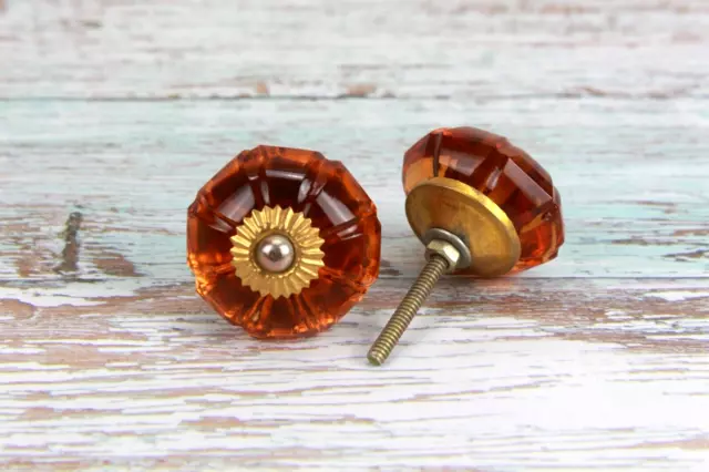 Vintage Victorian Amber Cut Glass Door Knobs - Thick Glass Flower Shape Brass