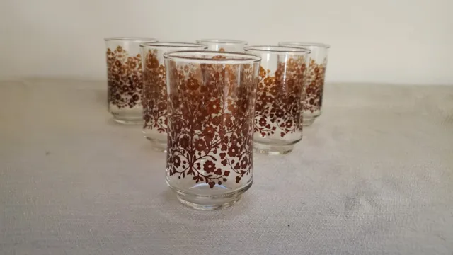 Vtg Libbey Juice Glasses Brown Floral Flowers Set Of 6