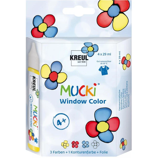 Kreul Mucki Fenstermalfarben Farbsortiert 4 Pens à 29 Ml In Gelb, Rot, Dunkelbla