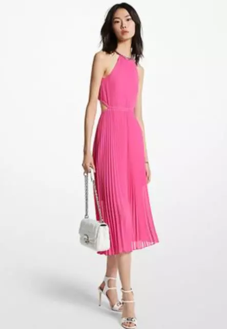 MICHAEL Michael Kors Pleated Cutout Midi Dress Pink Size M 4635