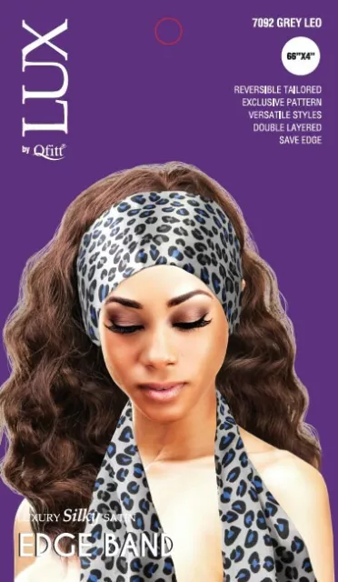 LUX by QFITT LUXURY SILKY SATIN EDGE BAND HAIR WRAP 66"X 4" GRAY LEOPARD