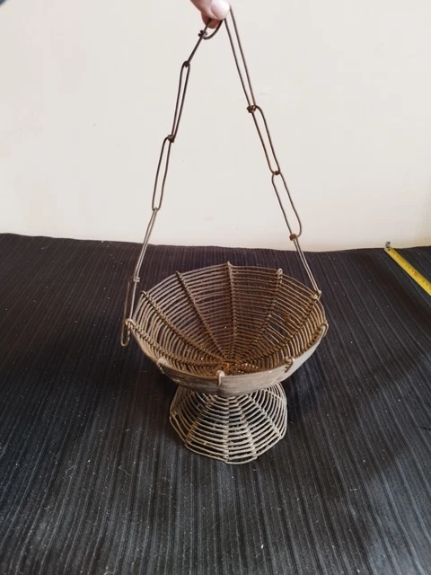 Panier à Noix Ancien – Fil De Fer Et Bois, Cueillette, Champignon, 1940-50