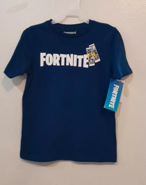 Fortnite Boys logo T-shirt Size Medium 8 Short Sleeve Blue photo strip NWT