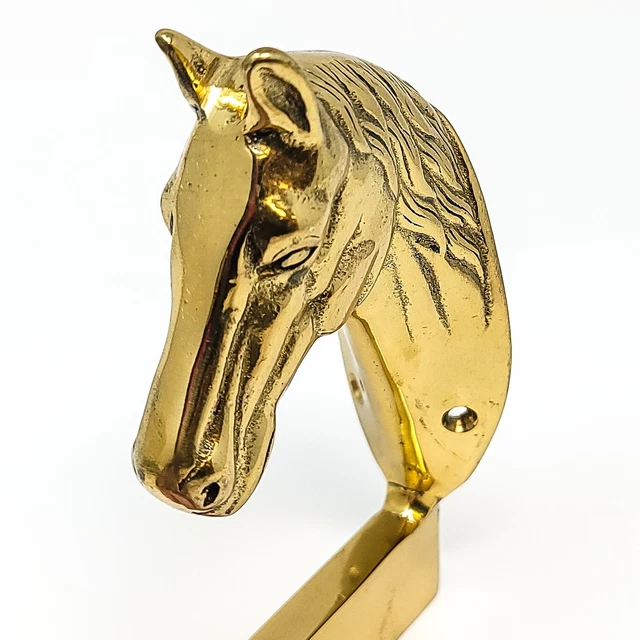 Vintage Pair Of Cast Polished Brass Horse Brackets For Towel Rod 11